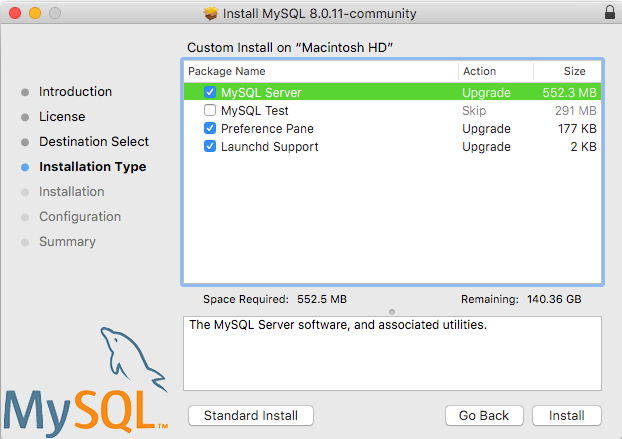 Customize shows three package name options: MySQL Server, MySQL Test, Preference Pane, and Launchd Support. All three options are checked.