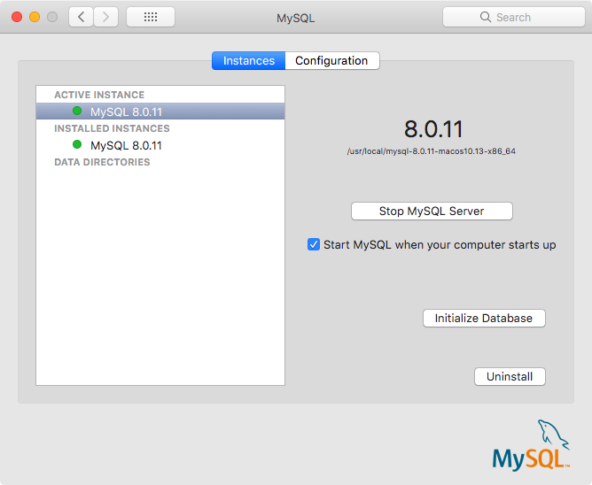 The left side shows a list of MySQL instances separated by "Active Instance", "Installed Instances", and "Data Directories" sections. The right side shows a "Stop MySQL Server" button, a checkbox titled "Start MySQL when your computer starts up", and "Initialize Database" and "Uninstall" buttons. Several fields reference 8.0.11 as the current installed MySQL version.